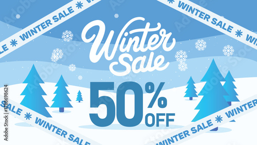 Winter sale banner with 50 percent off discount, snowflakes and pine trees in a snowy landscape, Vector illustration
