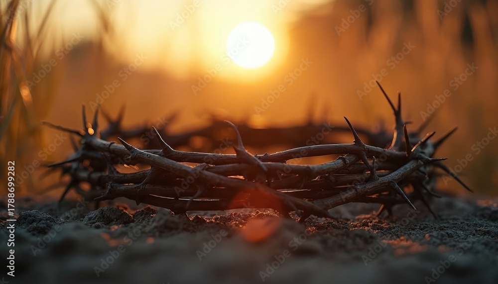 Fototapeta premium Crown of thorns lies on dry, dusty ground. Golden sunset light shines bright behind. Sharp spikes form religious symbol of Jesus Christ suffering, sacrifice, future resurrection. Powerful spiritual
