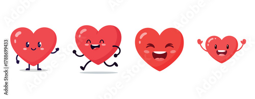 Cute cartoon hearts with faces: smiling, running, and waving characters