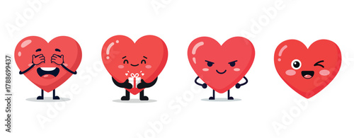 Cute heart characters displaying emotions: playful, happy, mischievous, winking