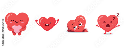 Cute cartoon heart characters expressing emotions in various poses