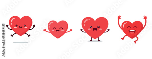 Cute cartoon hearts with happy expressions and playful poses