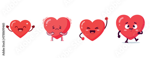 Cute heart characters with various expressions and emotions on white background