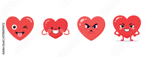 Cute red heart characters displaying various expressions of joy and anger