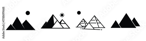 Minimalist mountain range vector landscape with geometric trees and sun nature background design