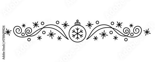 Christmas ball and snowflakes. Black outline linear silhouette. Editable strokes. Horizontal front view. Vector simple flat graphic illustration. Isolated object on a white background.