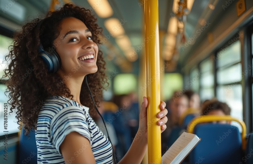 Obraz premium Young multiracial woman smiles with headphones on public bus. She holds yellow pole and small book. Happy commuter enjoys music during city trip. Urban student travels with tech on busy city commute.