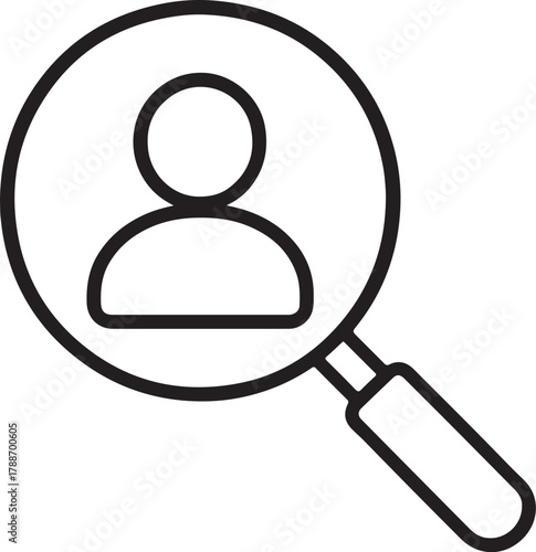 Magnifying glass over person icon representing search for individuals or user identification find looking on transparent background