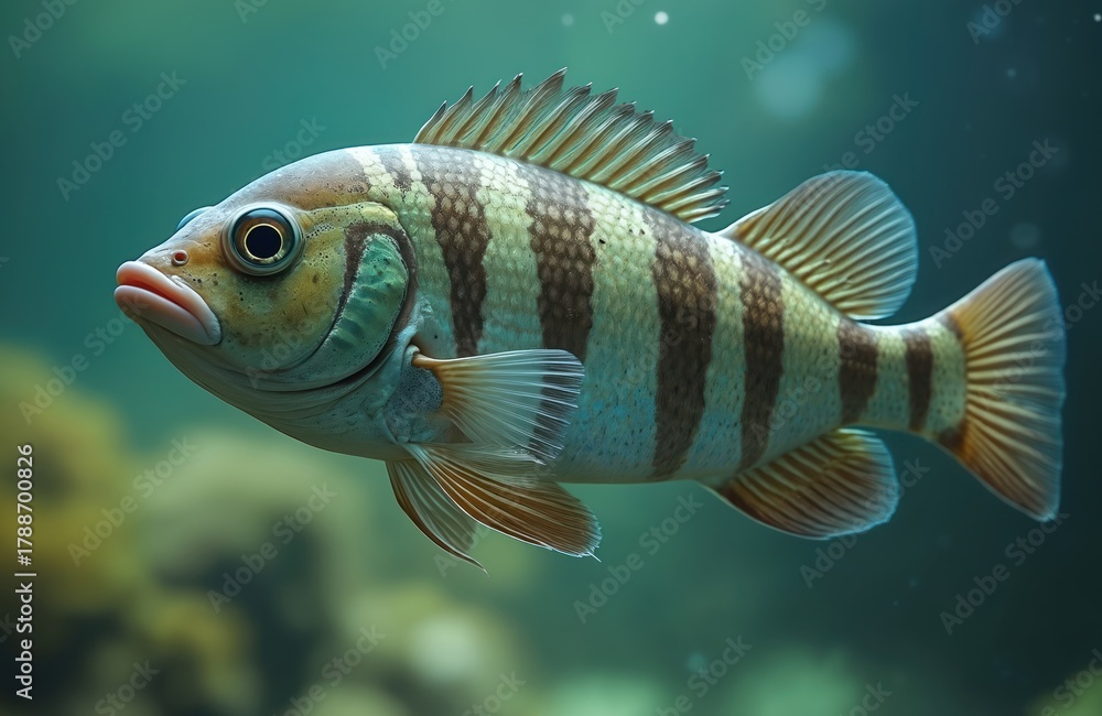 Naklejka premium Striped cichlid fish swims in clear blue water near green coral. Aquatic animal has distinct vertical bands and fins. Underwater scene shows peaceful marine life.