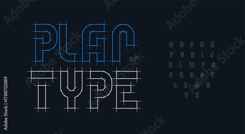 Architecture condensed bold font logo type alphabet blueprint architect typography wireframe plan scheme letters for architectural projects title text, real estate developer branding. Vector typeset