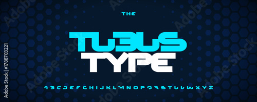 Bold Futuristic Font, Wide Heavy Alphabet on Hexagonal Background Blue Honeycomb Pattern. Minimal Geometric Type for Sport, Data Science, Cyber Security, Innovative Tech Logo Headline. Vector Typeset