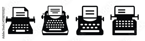 Vintage typewriter collection vector illustration antique writing machine journalism tool set isolated