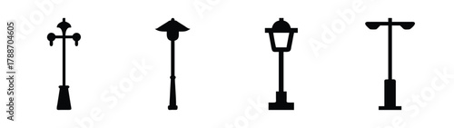 Street light pole silhouette vector set, vintage and modern lamp post design elements collection vector