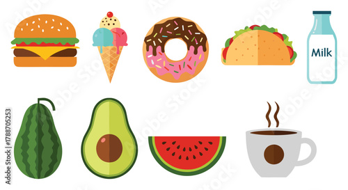 Diverse food and drink flat icon collection on white background