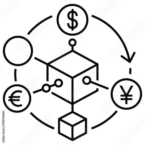 Global currency exchange and financial technology concept with cube and currency symbols