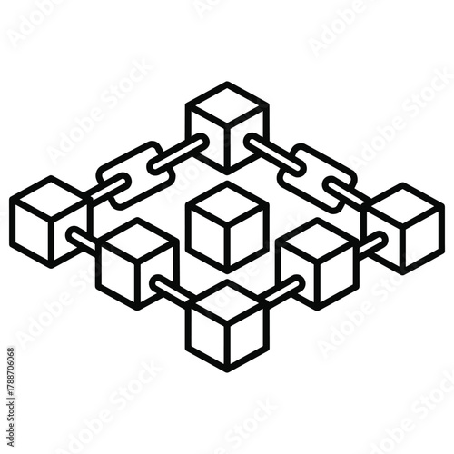 Blockchain network diagram with connected cubes and chains, representing distributed ledger technology and data security