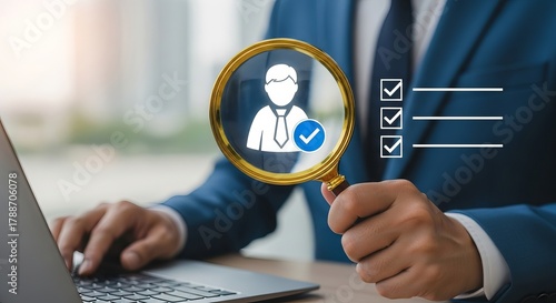 Wallpaper Mural A businessman analyzing data with a magnifying glass, highlighting the importance of verification and evaluation. Torontodigital.ca