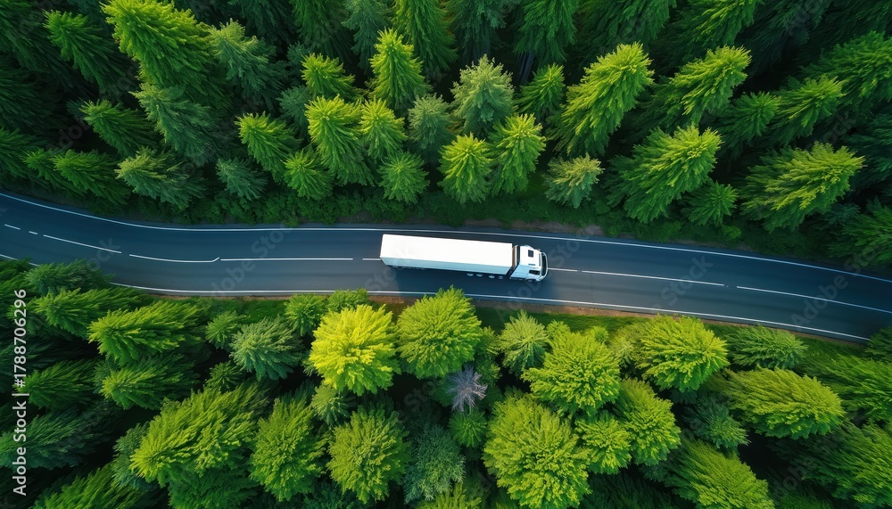 Naklejka premium White truck drives on asphalt road through lush green forest. Aerial view shows modern transport on path between dense trees. Eco friendly logistics, sustainable journey, freight service.
