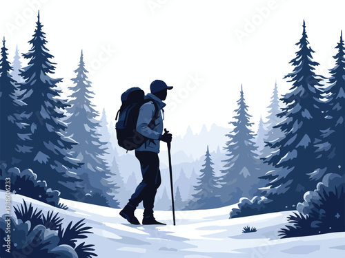 Trekking in winter forest landscape with snow and pine trees