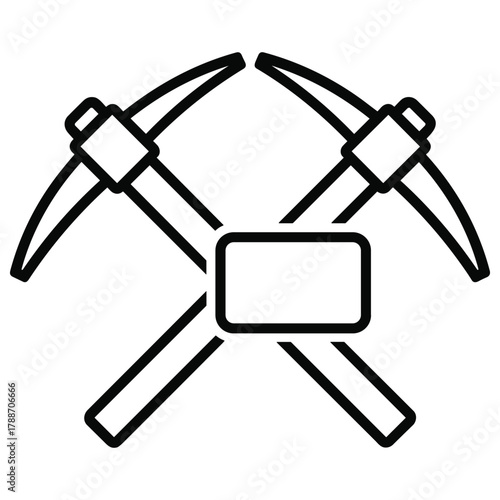 Two crossed mining pickaxes with a rectangle in the center