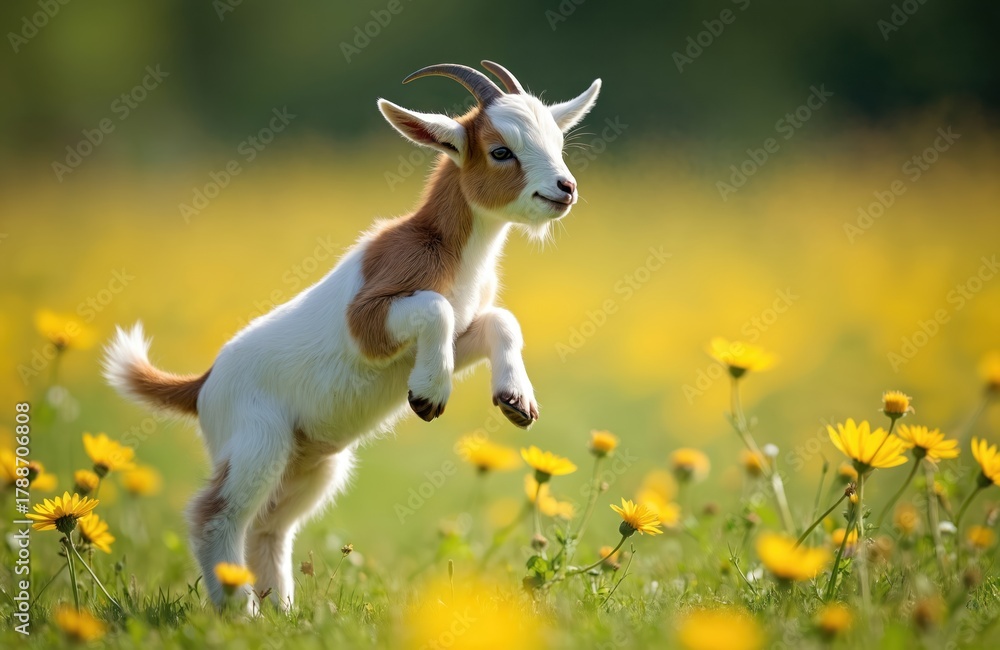 Fototapeta premium Small white and brown baby goat jumps high in field of yellow flowers. Cute kid animal plays outdoors in green grass meadow, enjoys sunny day. Farm life joy.