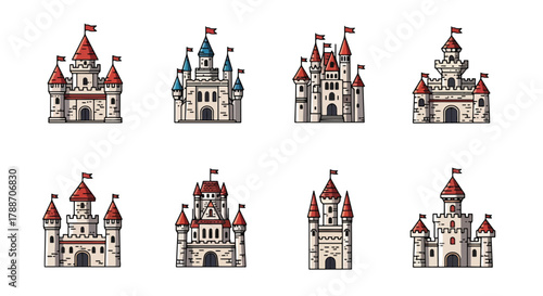 Set of vector art of castles in different architectural styles, ideal for children’s books, fairytale design, educational materials, or game illustrations
