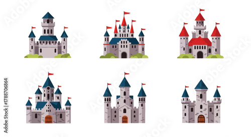 Set of vector art of castles in different architectural styles, ideal for children’s books, fairytale design, educational materials, or game illustrations