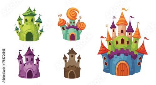 Set of vector art of castles in different architectural styles, ideal for children’s books, fairytale design, educational materials, or game illustrations