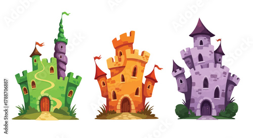 Set of vector art of castles in different architectural styles, ideal for children’s books, fairytale design, educational materials, or game illustrations