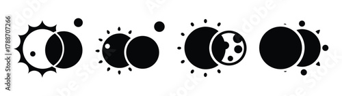Black and white abstract illustration of eclipses and circles with radial burst effect design