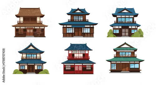 Set of vector illustrations of traditional Japanese houses with wooden details and tiled roofs, ideal for cultural design, travel themes, architecture concepts, or educational projects