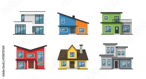Set of vector illustrations of modern contemporary houses with geometric designs and large windows, perfect for real estate, architecture, construction, and home design projects