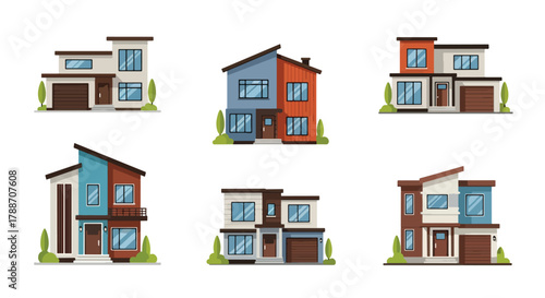 Set of vector illustrations of modern contemporary houses with geometric designs and large windows, perfect for real estate, architecture, construction, and home design projects