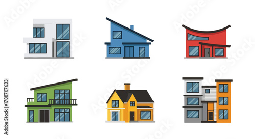 Set of vector illustrations of modern contemporary houses with geometric designs and large windows, perfect for real estate, architecture, construction, and home design projects