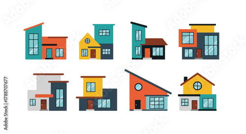 Set of vector illustrations of modern contemporary houses with geometric designs and large windows, perfect for real estate, architecture, construction, and home design projects