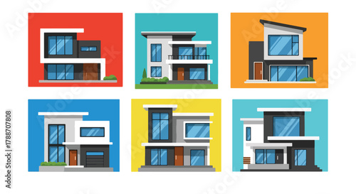 Set of vector illustrations of modern contemporary houses with geometric designs and large windows, perfect for real estate, architecture, construction, and home design projects