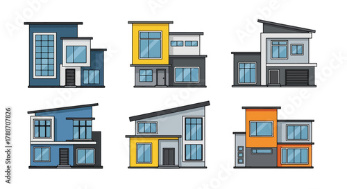 Set of vector illustrations of modern contemporary houses with geometric designs and large windows, perfect for real estate, architecture, construction, and home design projects