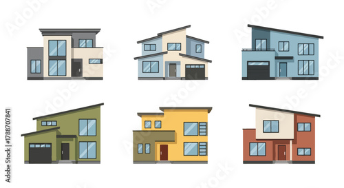 Set of vector illustrations of modern contemporary houses with geometric designs and large windows, perfect for real estate, architecture, construction, and home design projects