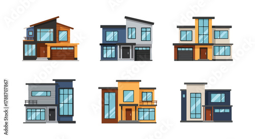 Set of vector illustrations of modern contemporary houses with geometric designs and large windows, perfect for real estate, architecture, construction, and home design projects