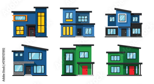 Set of vector illustrations of modern contemporary houses with geometric designs and large windows, perfect for real estate, architecture, construction, and home design projects