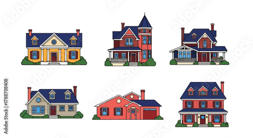 Set of vector illustrations of classic American houses in various architectural styles, ideal for real estate design, home construction, neighborhood planning, and property marketing projects