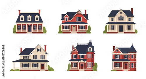 Set of vector illustrations of classic American houses in various architectural styles, ideal for real estate design, home construction, neighborhood planning, and property marketing projects