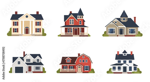 Set of vector illustrations of classic American houses in various architectural styles, ideal for real estate design, home construction, neighborhood planning, and property marketing projects