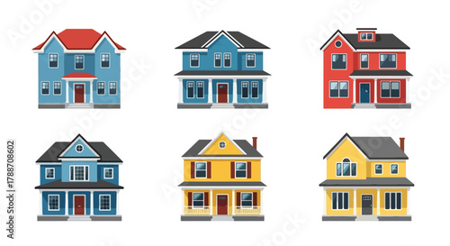 Set of vector illustrations of classic American houses in various architectural styles, ideal for real estate design, home construction, neighborhood planning, and property marketing projects