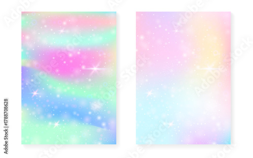 Rainbow background with kawaii princess gradient. Magic unicorn hologram. Holographic fairy set. Stylish fantasy cover. Rainbow background with sparkles and stars for cute girl party invitation.