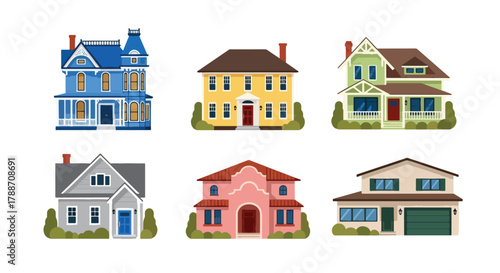 Set of vector illustrations of classic American houses in various architectural styles, ideal for real estate design, home construction, neighborhood planning, and property marketing projects