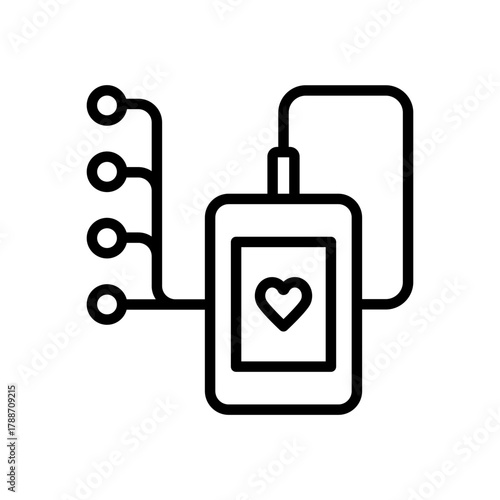 Electronic device measuring heart rate showing heartbeat icon and cable. Holter ECG System. Digital Analyzer Recorder System tracking cardio problem. Vector Isolated Outline Symbol Illustration.