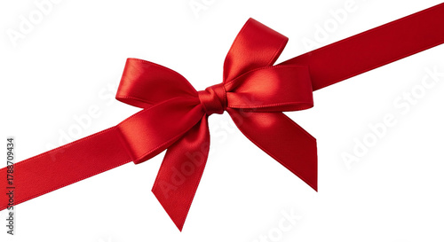 Elegant red satin gift bow with a tied ribbon placed diagonally for festive decoration or presents. Isolated on transparent background, png
