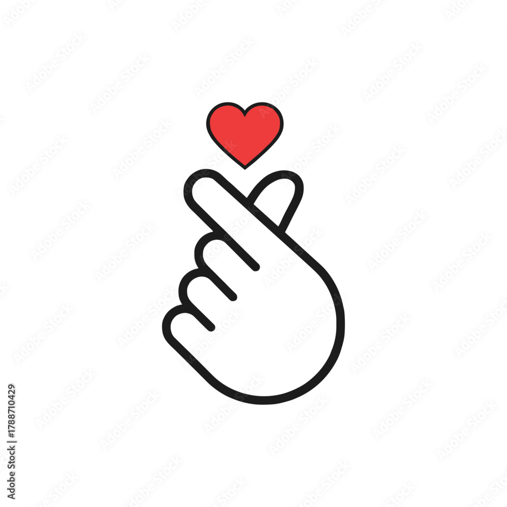 Obraz premium Hand Heart Sign with Red Heart, Love gesture icon logo flat vector design