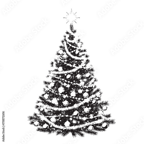 Black and white graphic illustration of a decorated Christmas tree with ornaments and tinsel
